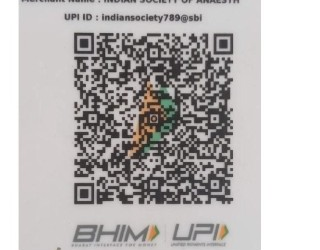 UPI QR code for Indian Society of Anaesthesiologists. UPI ID: indiansociety789@sbi